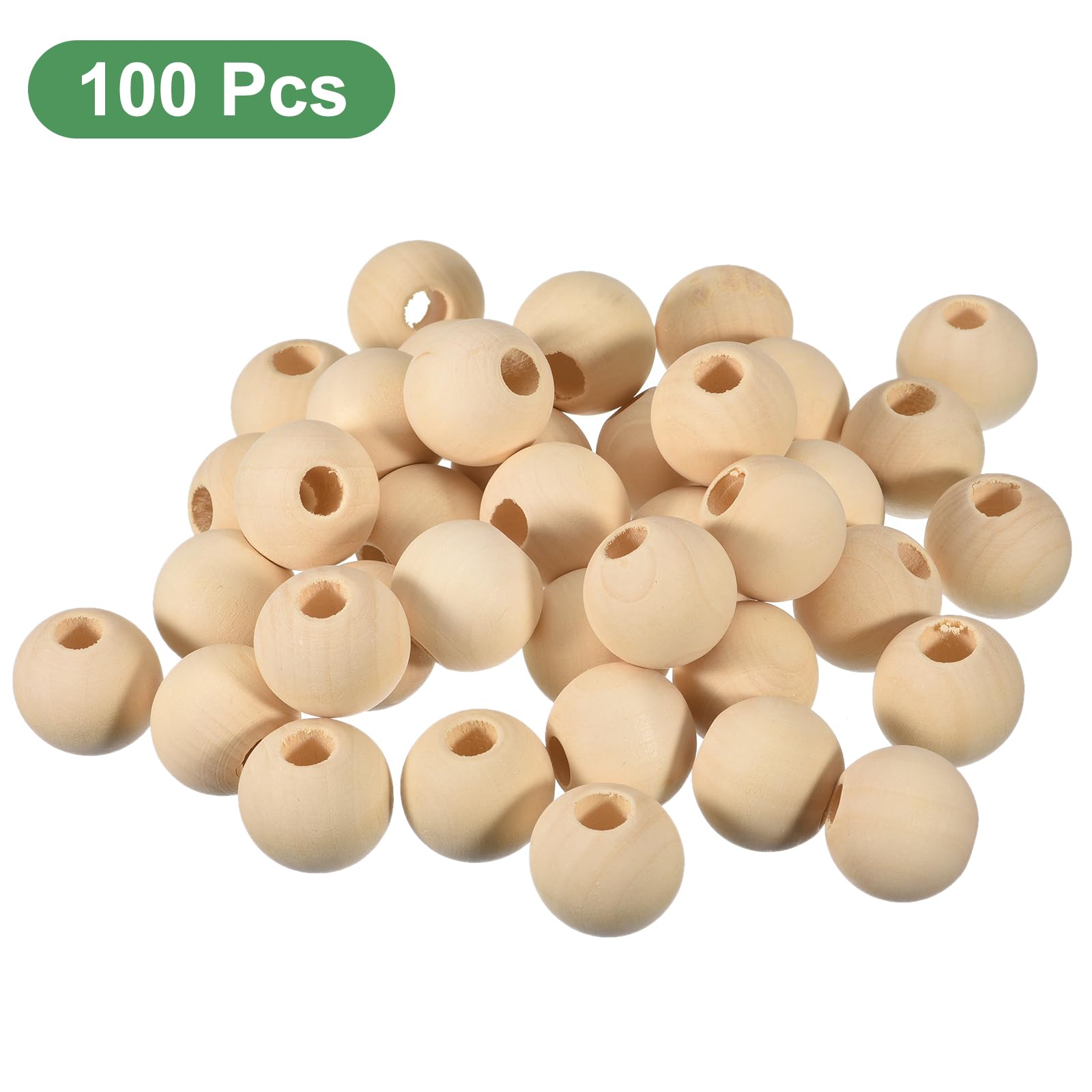 uxcell 100 cuentas espaciadoras de madera natural de 30 mm, cuentas redondas de madera sin terminar con agujero grande de 10 mm para manualidades, joyería y pulseras