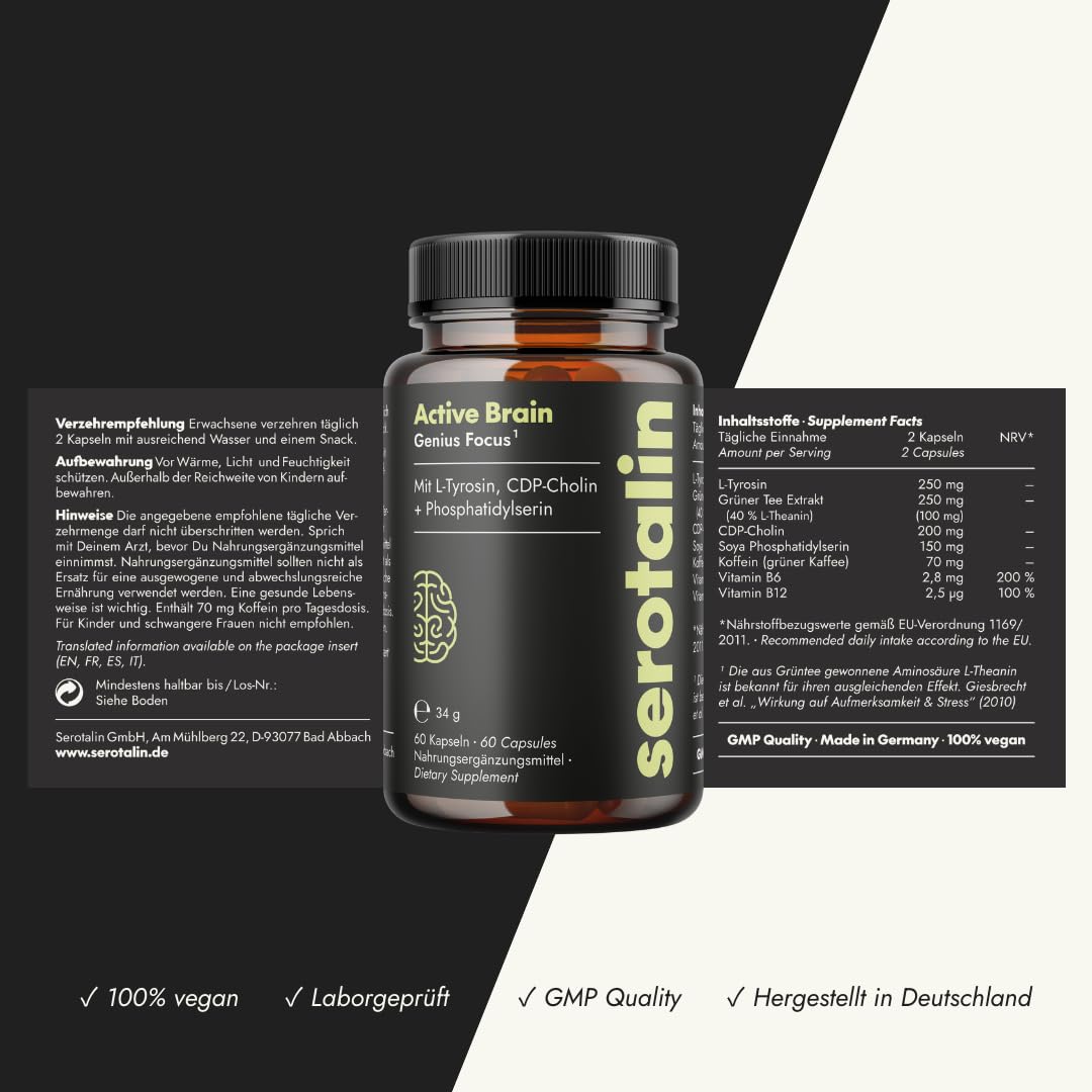 serotalin Active Brain Genius Focus | Estratto di caffeina, tè verde, L-teanina, L-tirosina e B12 ad alto dosaggio | 100% Vegan & Made in Germany | 60 capsule
