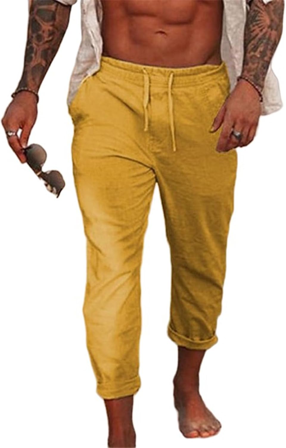Wankang Mens Linen Casual Pants Elastic Waist Drawstring Pants Trousers Lightweight Yoga Beach Summer Pants for Men