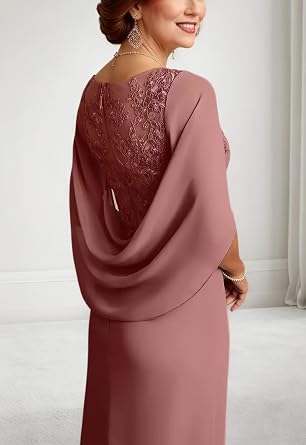 Chiffon Mother of The Bride Dress for Women Laces Applique V Neck Grandmother of The Groom Dresses with Cape Sleeve
