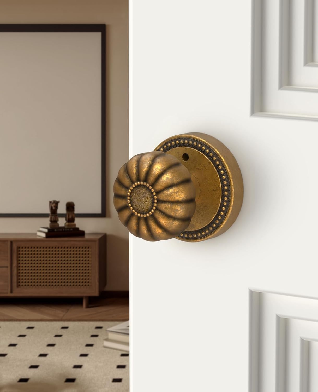 Asidrama 4 Pack Antique Brass Privacy Door Knobs with Lock, Vintage Door Handles with Antique Brass Door Knobs Interior for Bedroom or Bathroom, Heavy Duty Door Lever for Left Right Sided Doors 211