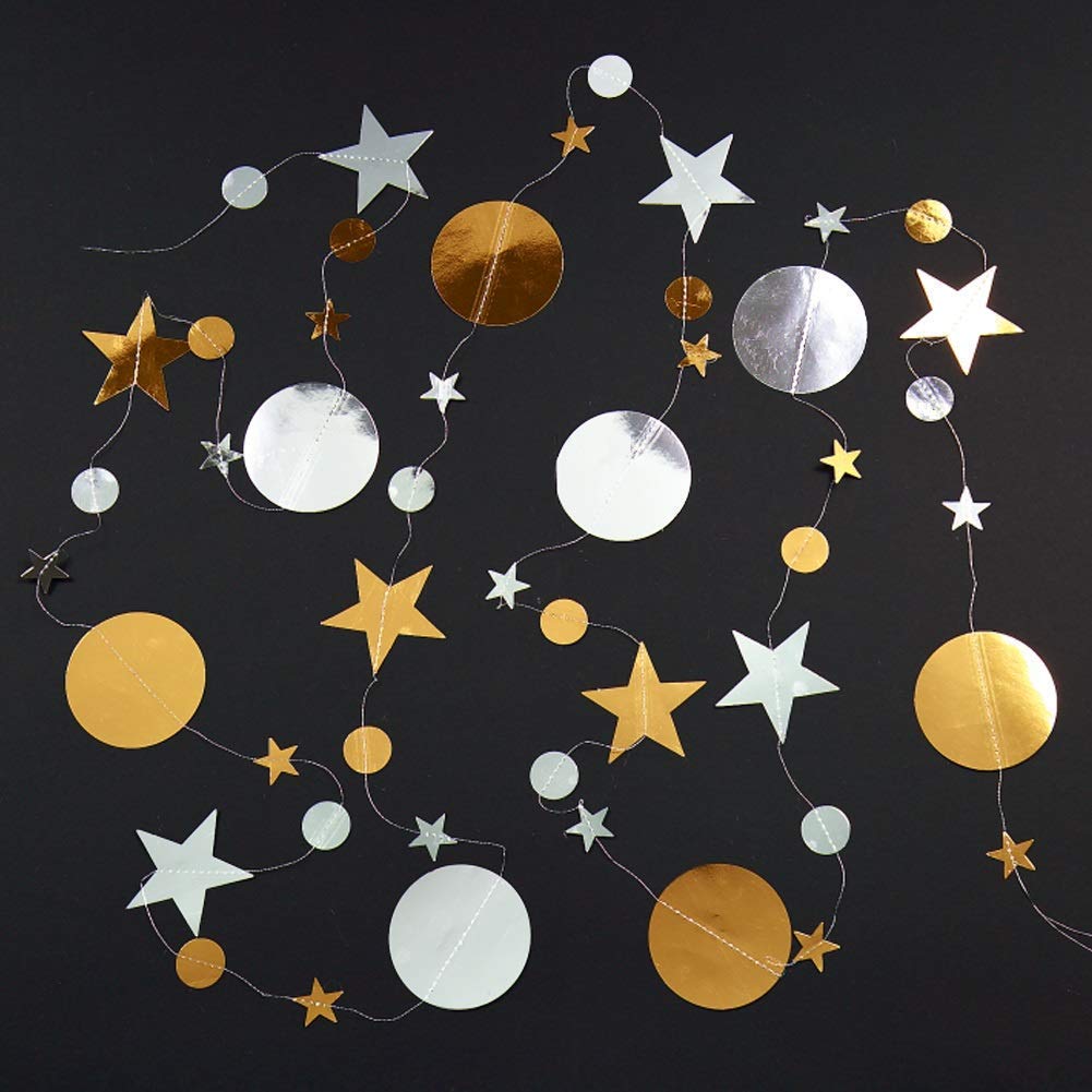 CASA DECOR Guirnalda de Estrellas metálicas para Colgar en Fiestas, Papel Brillante 3D, con Purpurina en múltiples Formas