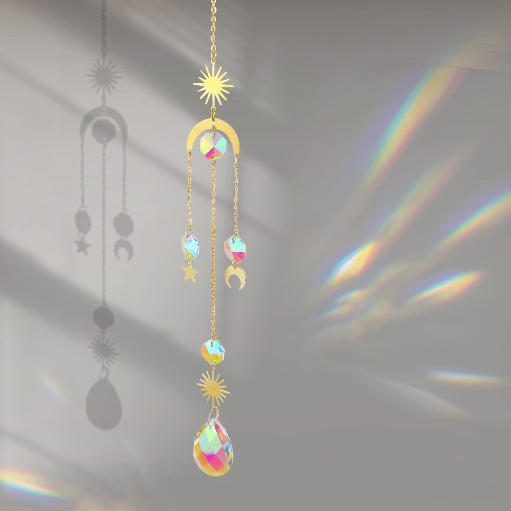 Carillon éolien Attrape-soleil En Cristal - 38,3 Cm, Avec 7 Perles Chakras - Décoration Jardin, Fenêtre, Doré