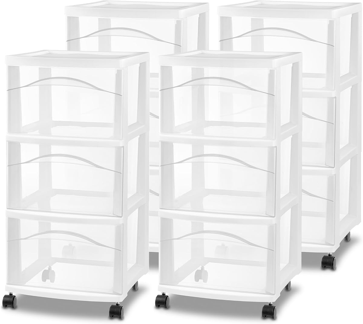 Sterilite Paquete de 4 carritos de 3 cajones, cajones organizadores de almacenamiento de plástico con ruedas, color blanco, contenedores multiusos con ruedas para aparador, armario, gabinete, dormitorio, baño y organización de oficina