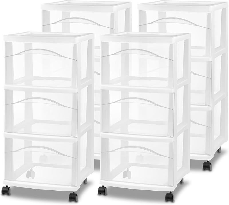 Sterilite Paquete de 4 carritos de 3 cajones, cajones organizadores de almacenamiento de plástico con ruedas, color blanco, contenedores multiusos con ruedas para aparador, armario, gabinete, dormitorio, baño y organización de oficina