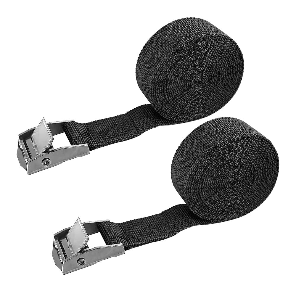 JZS Lashing Straps with Buckles Adjustable Cam Buckle Tie Down Cinch Strap for Packing Black 2 Pack (2.5cm x 3m x2 Rolls)