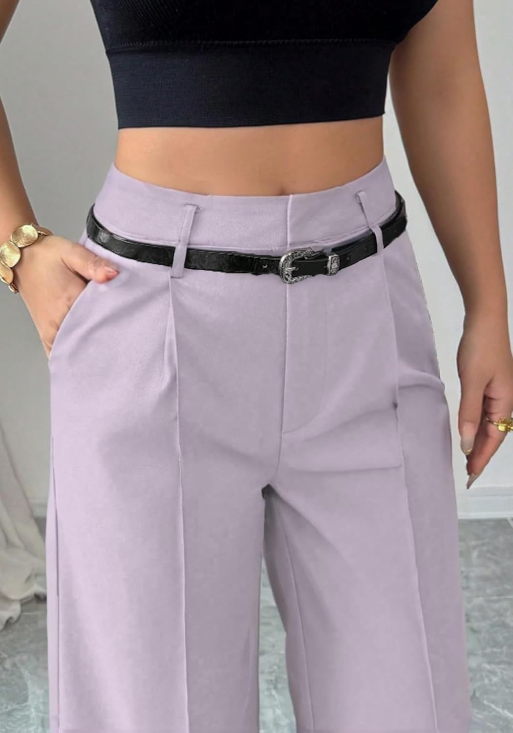 LETSVDO Women's Straight Leg Dress Pants High Waisted Belted Pleated Wide Leg Slacks Trousers(for Work,Business,Office) - Image 6