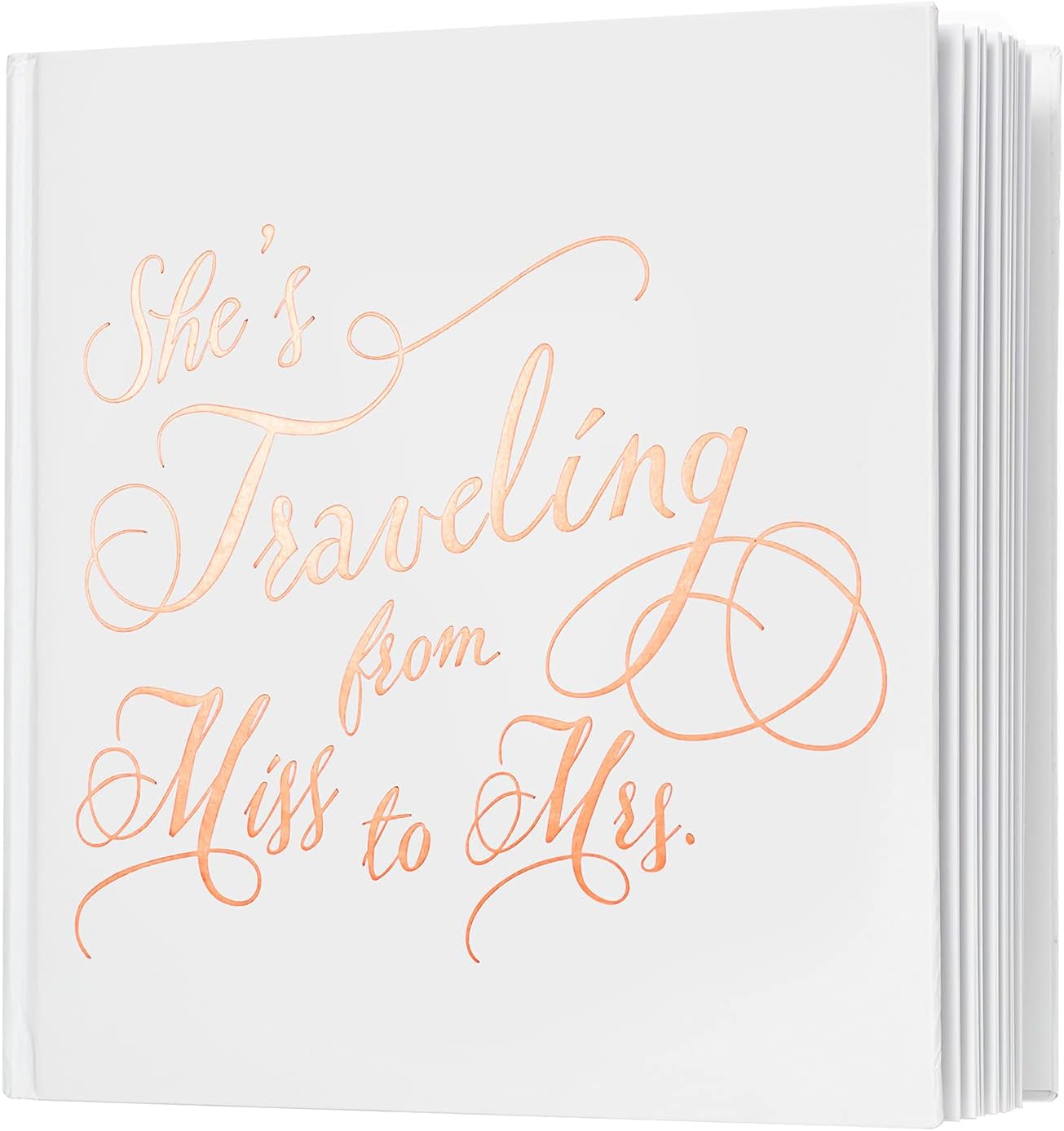 Calculs She's Traveling from Miss to Mrs Polaroid Bridal Shower Guest Book 8.5" Square Bride to Be Scrapbook, White Cover, Rose Gold Foil Stamping, Blank White Pages for Instax