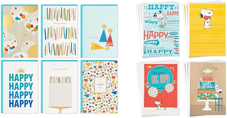 Hallmark Birthday Cards Assortment, 36 Cards (Party Time) and Peanuts Assortment, 12 Cards (Snoopy Designs)