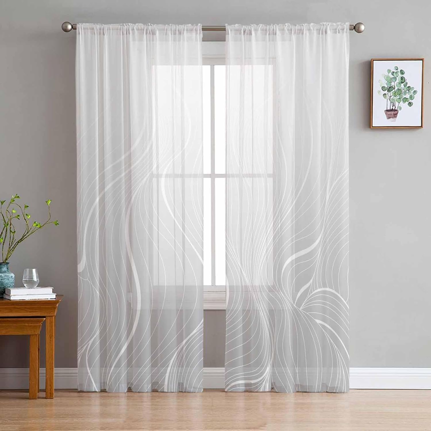 2 PCS Grey Stripes Gradient Minimalist Geometric Striped Semi-Sheer Chiffon Curtains 96 Inches Long,Rod Pocket Voile Curtain Panels,Window Sheer Drape Curtains for Living Room/Bedroom/Kitchen,104x96