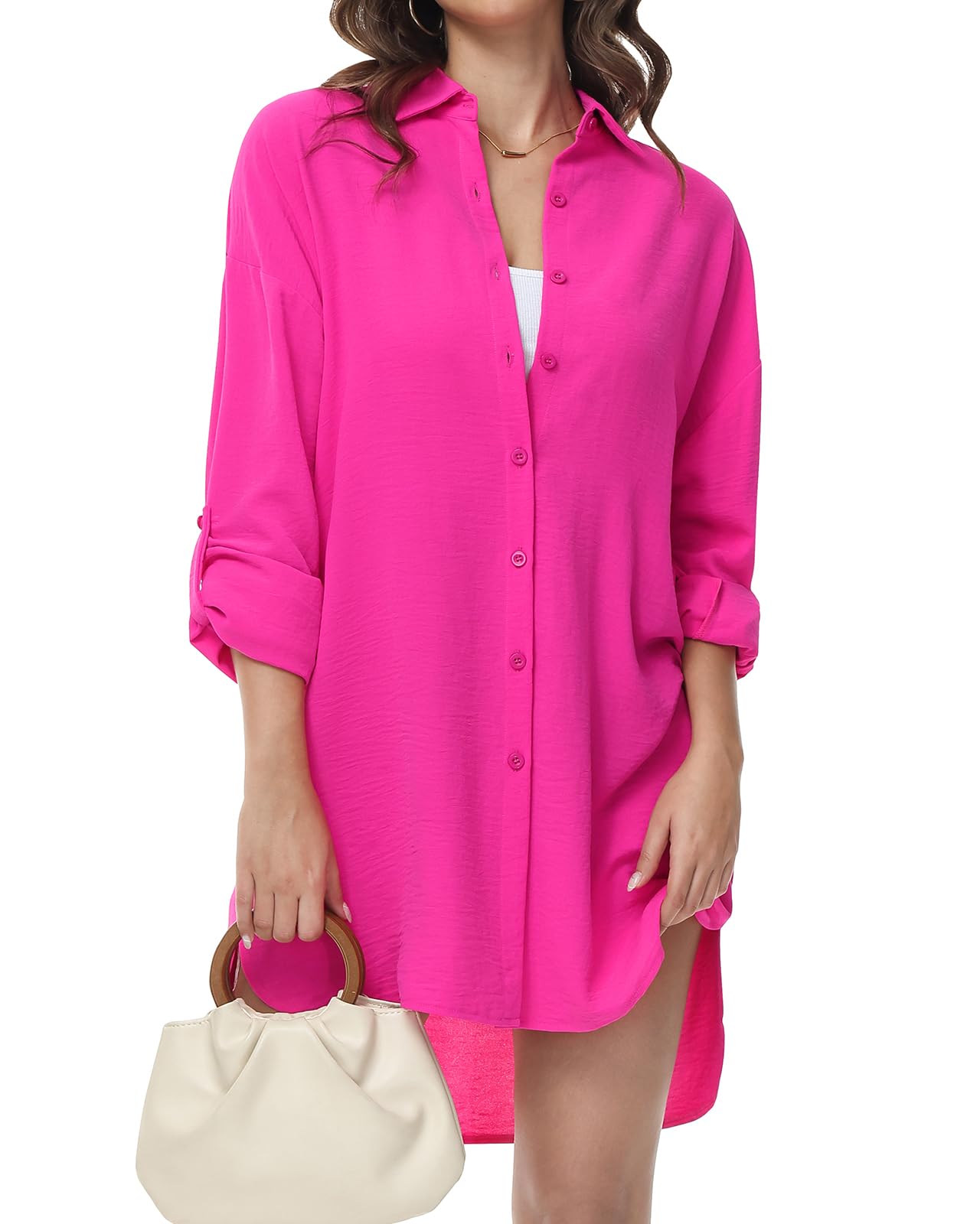 Tanmolo Damen Bluse V-Ausschnitt Hemdbluse Langarm Lässiges Hemd zum Knöpfen Langarmshirt Casual Oberteile Aufrollen Tops