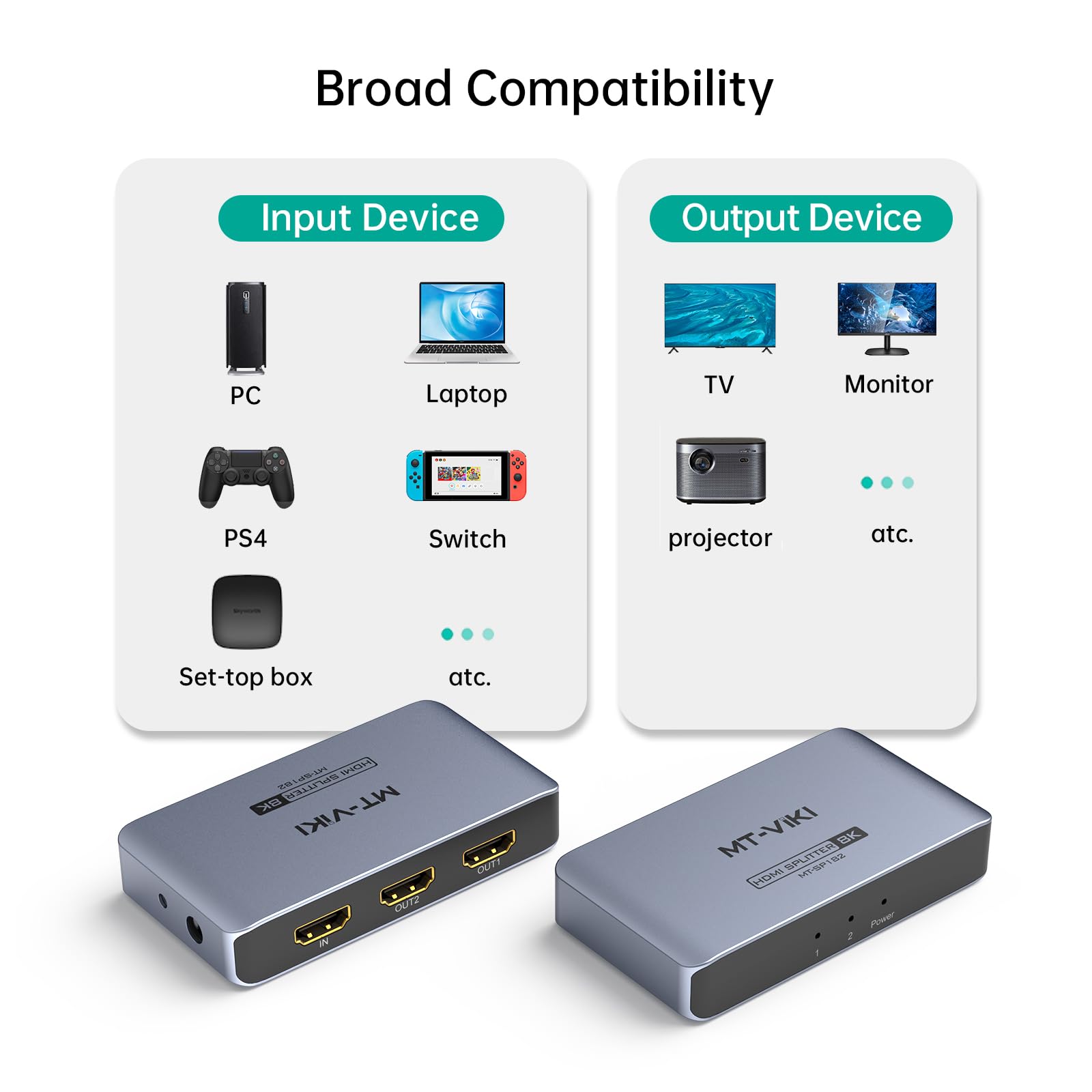 MT-VIKI Splitter HDMI 8K 1x2 1 in 2 Out, 1x2 Splitter HDMI in alluminio, duplicato/specchio, 40 Gbps, HDCP2.3, HDMI 2.1, EDID