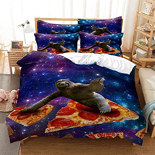 Housse de Couette 240 x 260 cm Pizza Paresseux Douce et Confortable Ensemble Parure de Lit 3 pièces avec Fermeture Éclair Contenir 2 Taies d'Oreillers 65x65 cm Cover