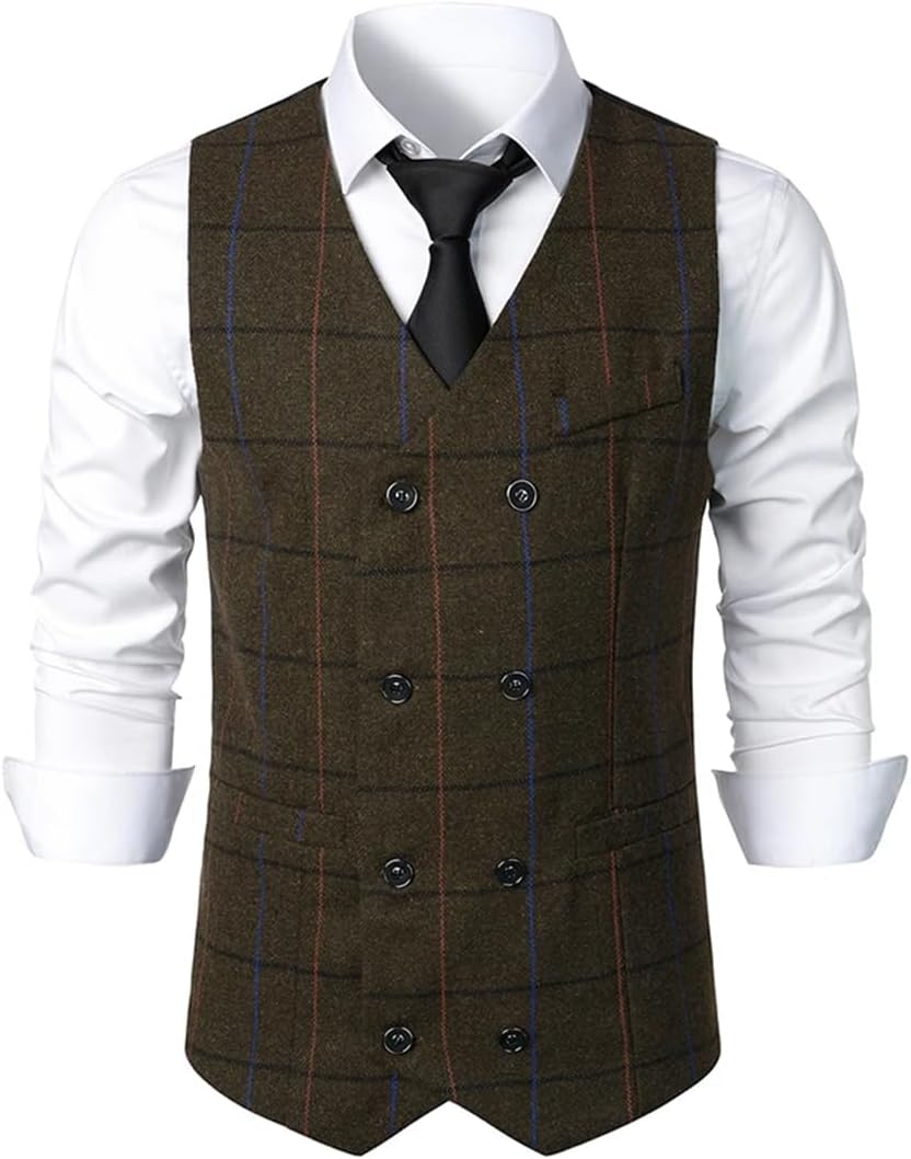 Men's V-Neck Retro Double-Breasted Business Casual Vest Formal Wedding Slim Suit Vest