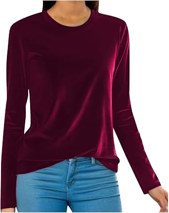 Velvet Tops for Women Long Sleeve Crewneck Shirt Dressy Casual Blouses Fall Fashion Pullover Solid Casual Tunic Top