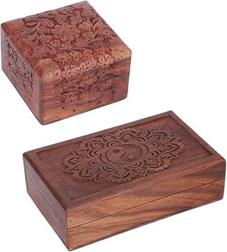Ajuny Handcarved Wooden Decorative Treasure Chest Combo Box 4 X 4 and 8 x 5 Inch Brown Flower & Tai Chi Pattern - Multipurpose Use As Jewelry Storage, Watch Box Gifts - Set of 2