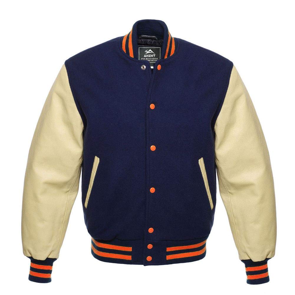 Letterman Baseball Varsity Jackets Genuine Cream Leather Sleeves Navy Wool