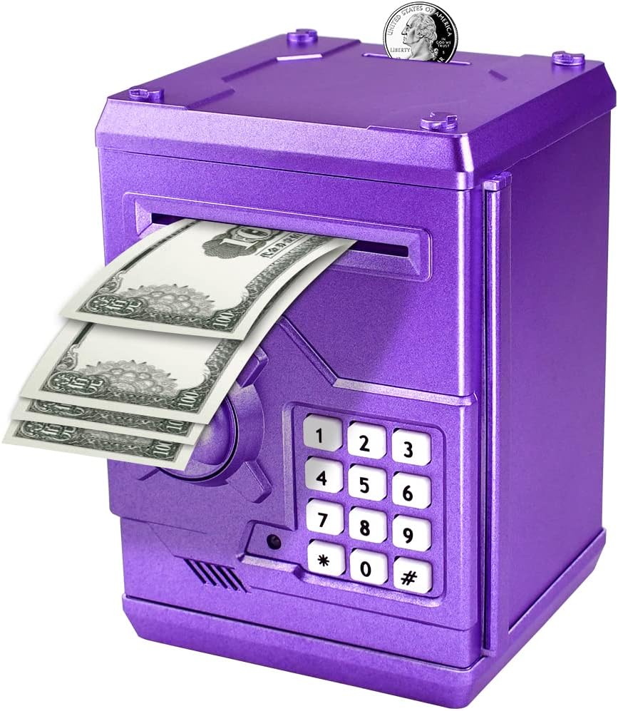 Electronic Piggy Bank Code Lock for Kids Baby Toy, Mini ATM Safe Coin Cash Banks Real Money Saving Box with Password, Auto Money Scroll for Children,Boys Girls Birthday Gift (Purple)