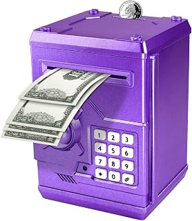 Electronic Piggy Bank Code Lock for Kids Baby Toy, Mini ATM Safe Coin Cash Banks Real Money Saving Box with Password, Auto Money Scroll for Children,Boys Girls Birthday Gift (Purple)
