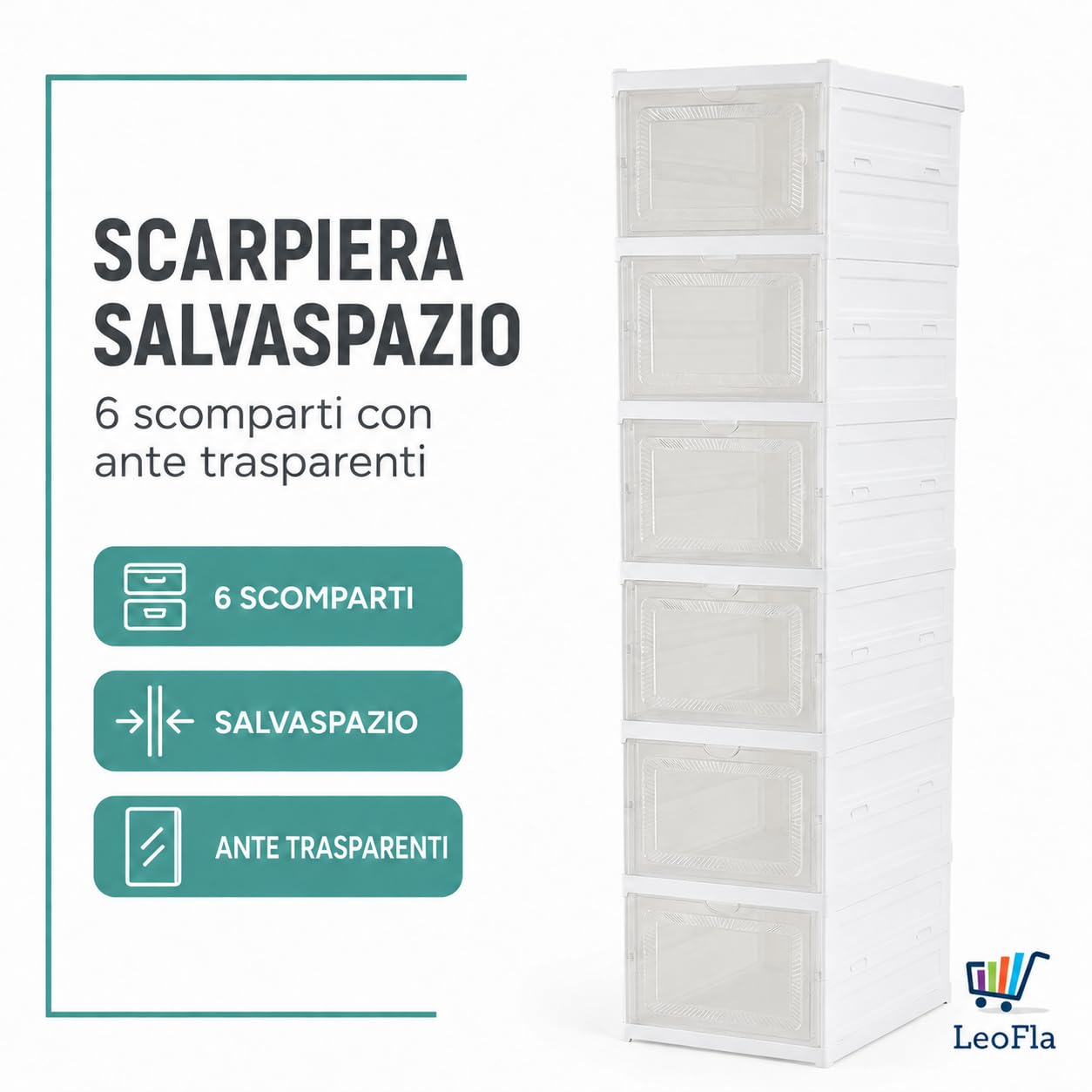 Scarpiera Verticale Salvaspazio 6 Livelli circa 25,5 x 34,5 x 105 cm, Struttura in Plastica Rigida - Mobile Porta Scarpe con Sportelli Trasparenti per Camera, Ingresso e Cabina Armadio