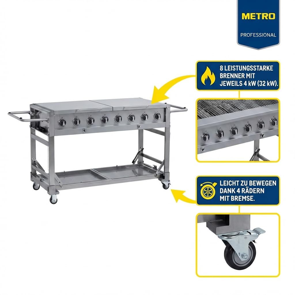 METRO Professional 8-Brenner Gasgrill, Grillfläche 49 x 120 cm, Ablagetisch, fahrbar, Schutzabdeckung, Edelstahl, silber