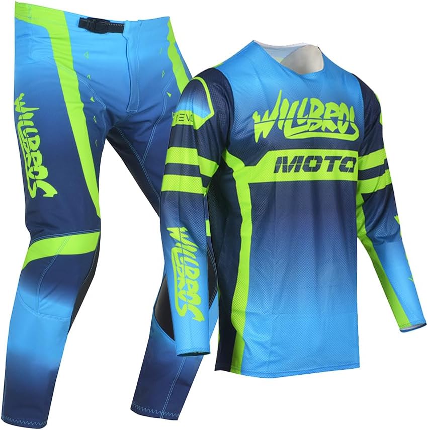 Youth Moto Gear Set Pant and Jersey Combo for Kids MX Motocross Children Racing Suit Offroad Boys Girls Blue Green Youth X-Large Jersey/26"Waist Pant