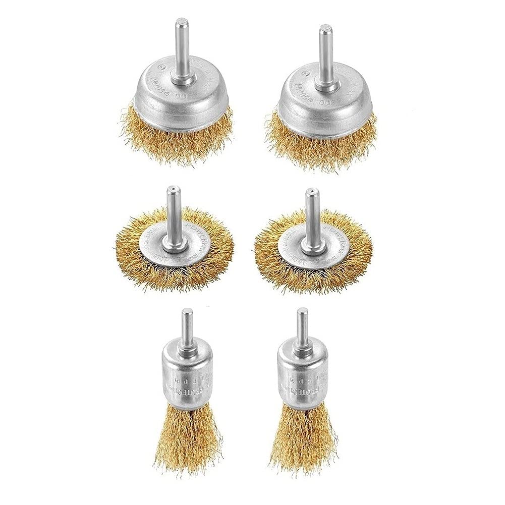 Szczotka druciana T-Shaped Brass Wire Brushes, for Drills Set,6 Pcs Brass-Plated Steel Cup W/ 6mm Dia Shank Polishing for Electric Attachment