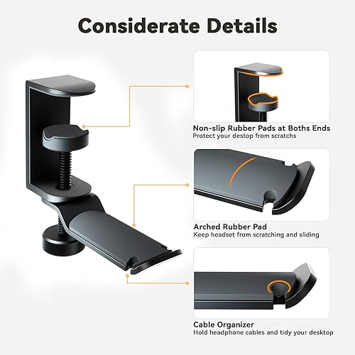 Miniatura 5 de Soporte para auriculares, soporte para auriculares debajo del escritorio, soporte giratorio de 360 grados para auriculares de PC, gancho de