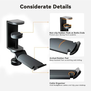 Under Desk Headphone Stand - 360 Degree Rotating Aluminum PC Gaming Headset Holder with Cable Organizer, Adjustable Screw Clamp Hanger for Heavy Headphones, VR Glasses & Bags, Universal Fit