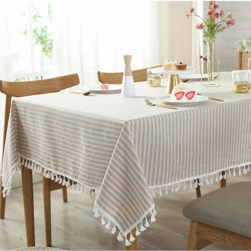 Mantel Cuadrado de Lino y algodón con Estampado de Rayas Mantel de Comedor con borlas Cubierta para Mesa de Banquete de Cocina 60~250cm