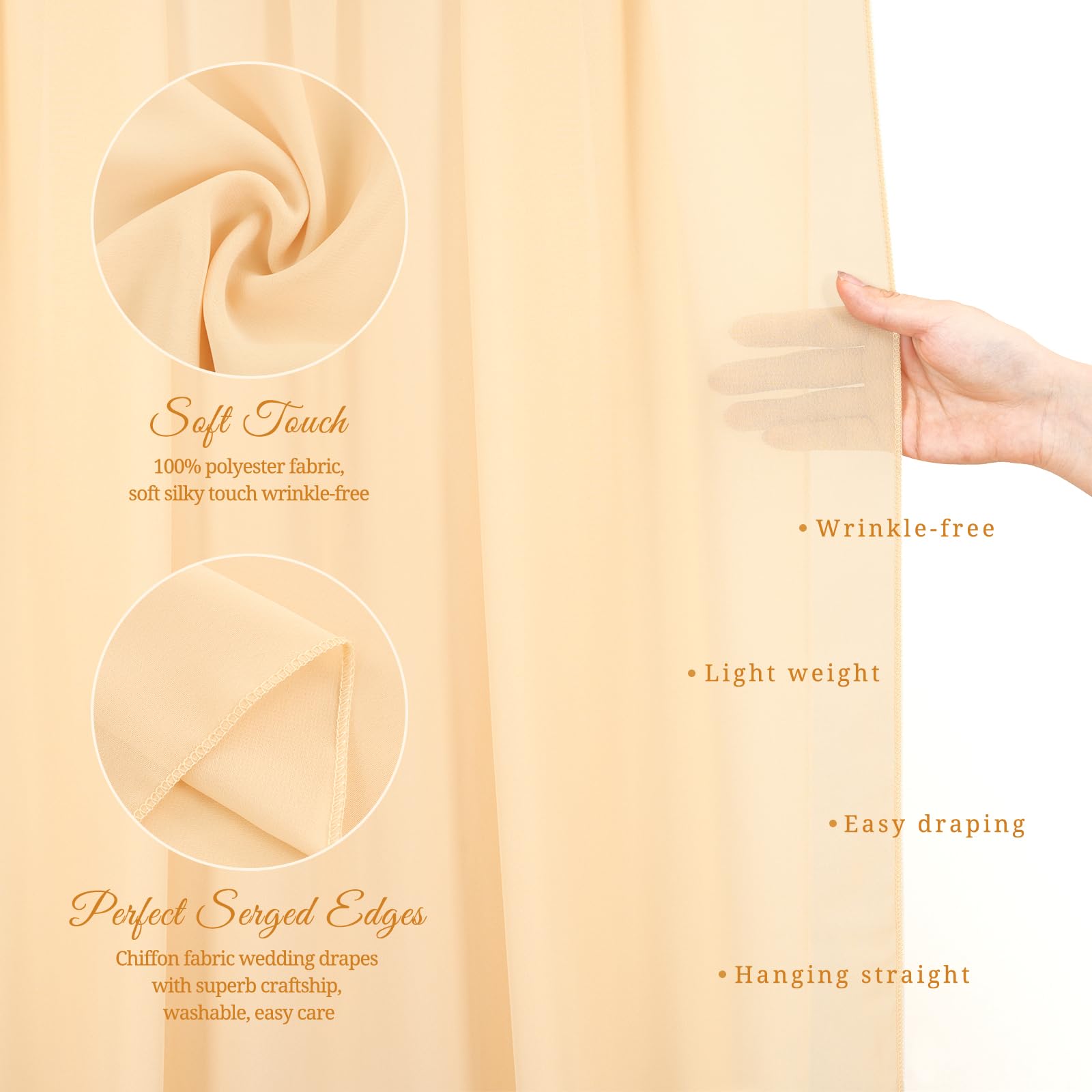 Panneaux de tissu drapé en mousseline de soie pour arche de mariage, 71,1 x 5,8 m, champagne