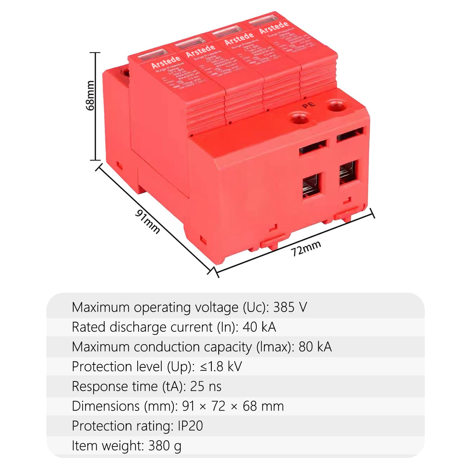 Scaricatore di Sovratensione,4P Dispositivo di Protezione Contro le Sovratensioni da Fulmini 385V CA 40kA Scaricatore di Sovratensione su Guida DIN per Protezione Contro i Tuoni