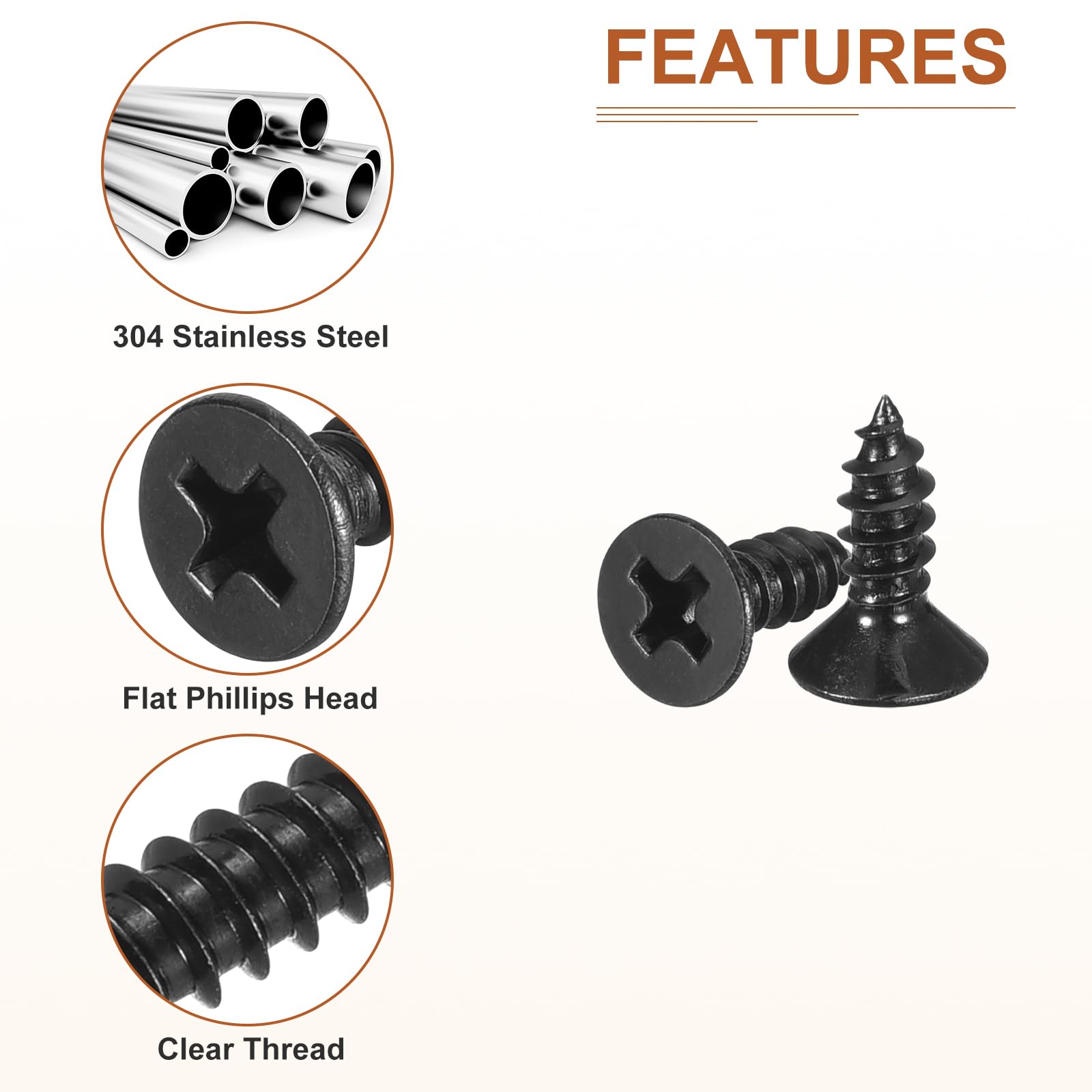 DTGN 100Pcs #6x3/8" Flat Head Wood Screws, 304 Stainless Steel Phillips Self Tapping Screws - Good for Woodworking Furniture - Black - Image 4