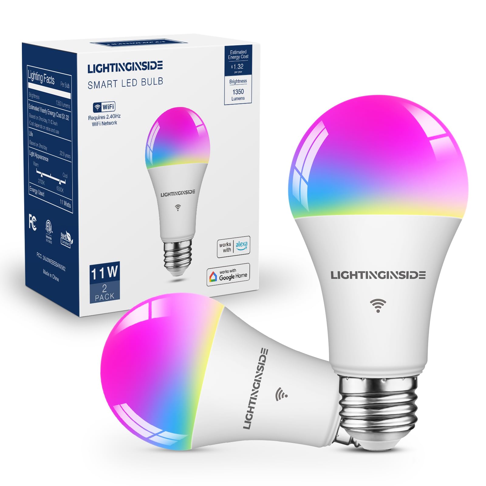 Lightinginside Smart Light Bulbs 100W Equiv., 1350LM 11W Smart Bulb Works with Alexa/Google Home/Smart Life, A19 E26 RGBCW Color Changing, No Hub Required, 2.4G WiFi Bluetooth Bulb, ETL Listed, 2PCS