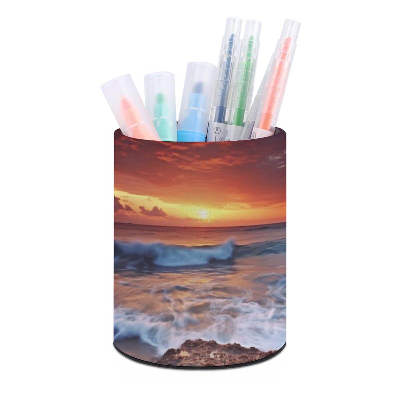 JTREHY Round Pen Holder,Sea Water Dusk Beach Sunset Printed Makeup Brush Storage Box Desktop Stationery Storage Cup Office Accessories Storage Box Pencil Storage Box for Home Office Dressing Table