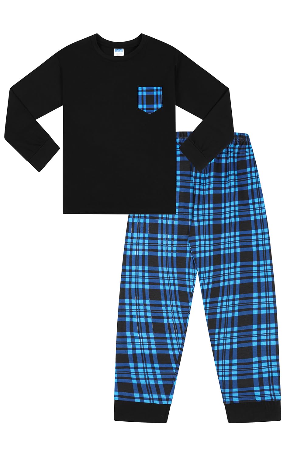 ThePyjamaFactory Pigiama lungo per bambini con tasca a quadri neri e bianchi, neri e rossi, con tasca a quadri, confezione da 3