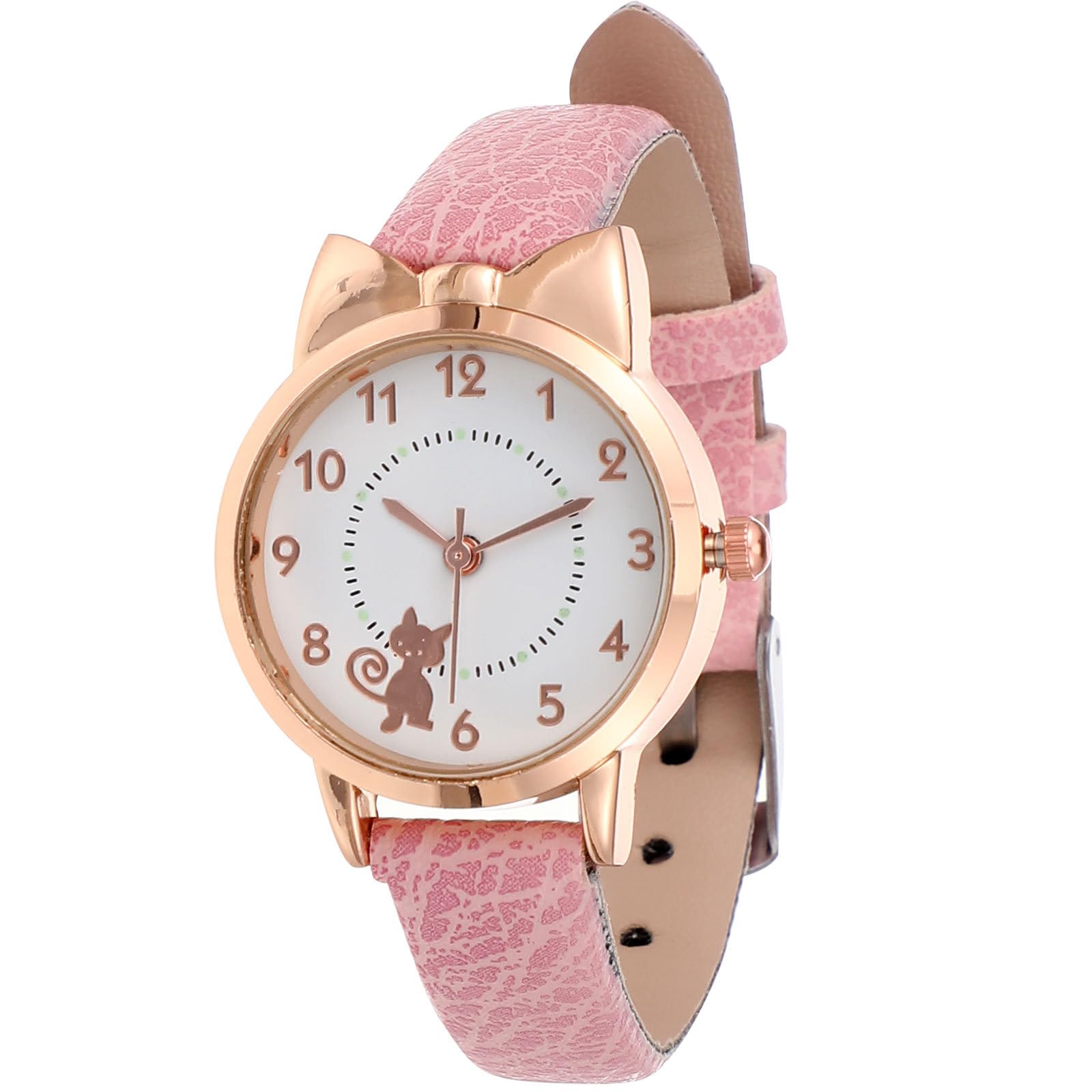 Girls Wrist Watches, Analogue Quartz Watch with Leather Strap, Cute Cat Wrist Watch for Girls Kids