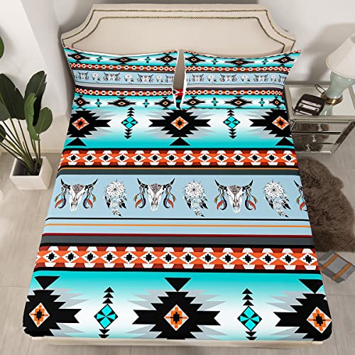 Western Boho Bedding Sets Twin,Cow Dream Catcher Bed Sheets Southwestern Fitted Sheet,Ethnic Tribe Arrow Aztec Bedding Decor Set Retro Vintage Exotic Longhorn Skull Bohemian Decor Green #TOP30