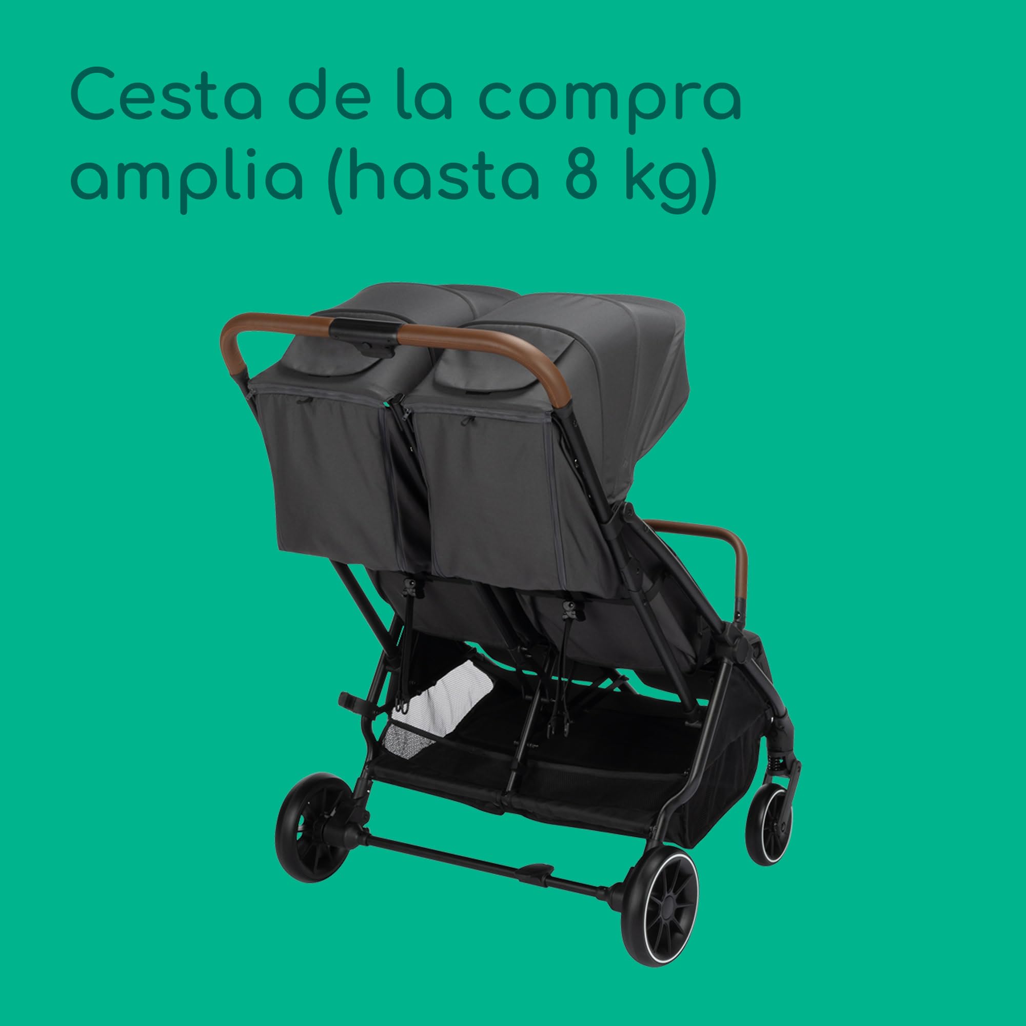 Bebeconfort Mane, Carrito Gemelar, 0-22 kg, Plegado Automático, Reclinación Total, Barras De Seguridad Giratorias, Arnés 5 Puntos, Ventana De Malla, Burbuja Impermeable, Cesta (8 kg), Mineral Graphite