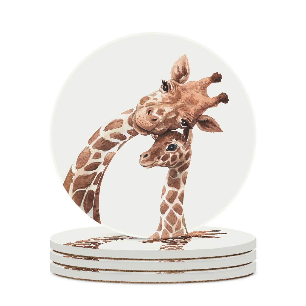Hghuooho Mom and Son Giraffe Ceramic Coasters for Drinks with Cork Backing Absorbent Coaster Set Modern Coasters Stone Coasters for Table white3 4PCS