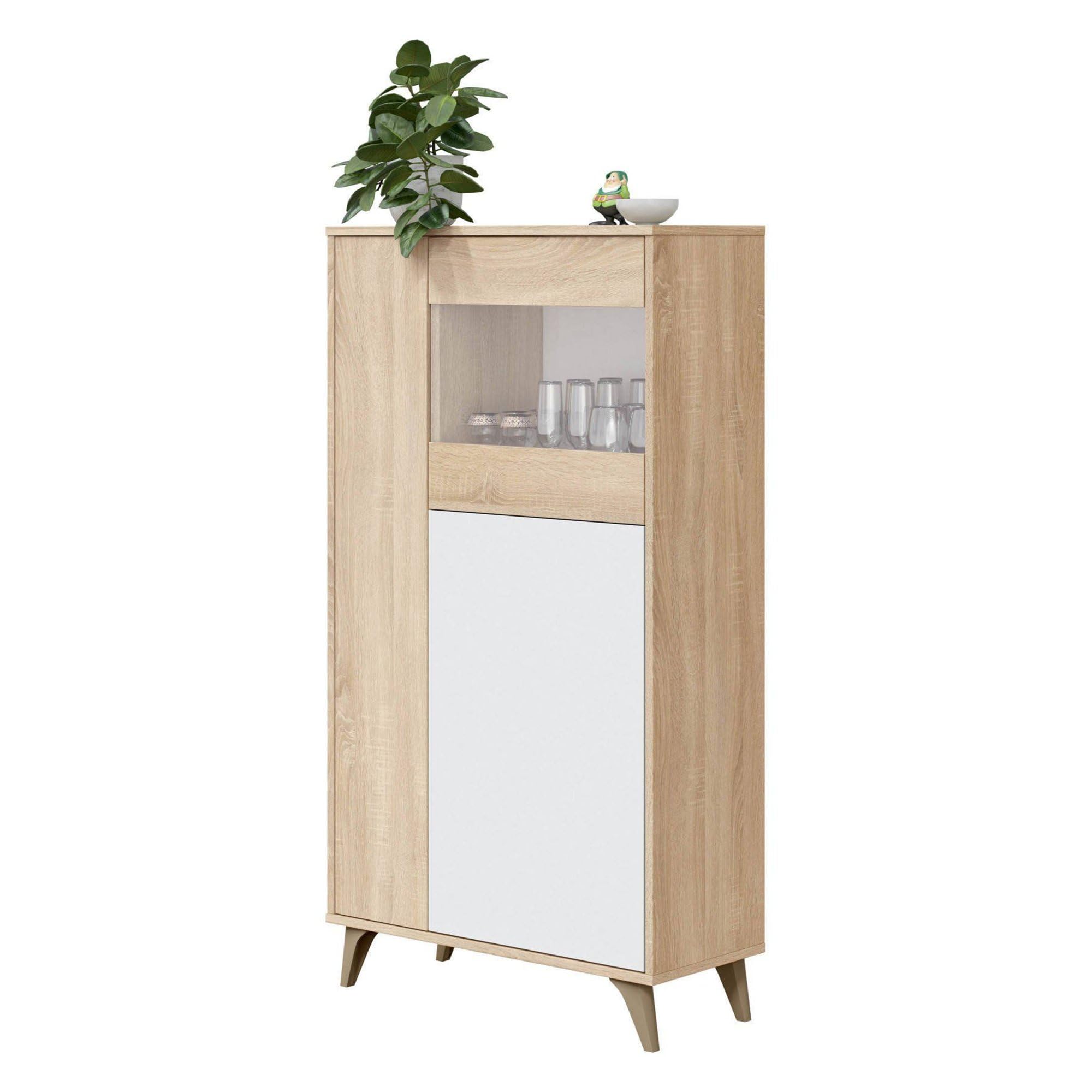 Dmora - Vetrina Atlanta, Vetrinetta moderna a 3 ante, Credenza da soggiorno o salotto, Madia alta con ripiani, 77x33h142 cm, Rovere e Bianco