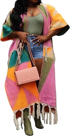 Womens Fuzzy Tassel Sweater Cardigan Chunky Long Boho Cardigans Open Front Color Block Poncho Wrap Sweater