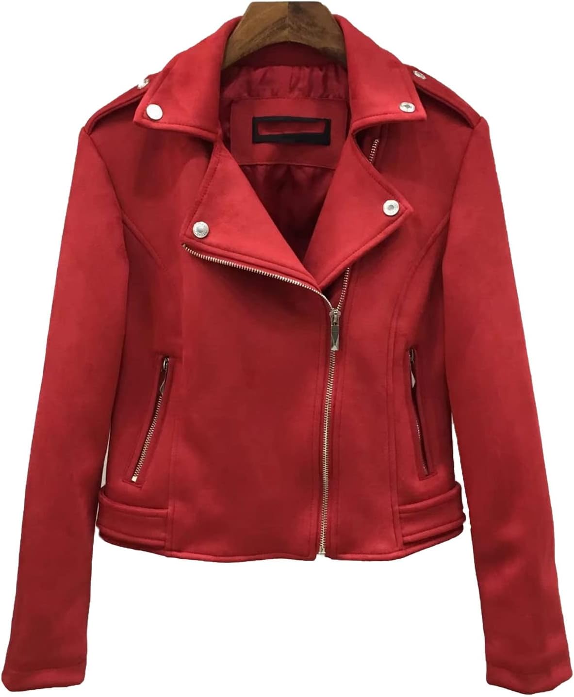 JEsilunmaMY Women's Suede Leather Jacket Lapel Asymmetric Zip Cropped Motorcycle Coat Slim Fit Fall Biker Outwear with Pocket