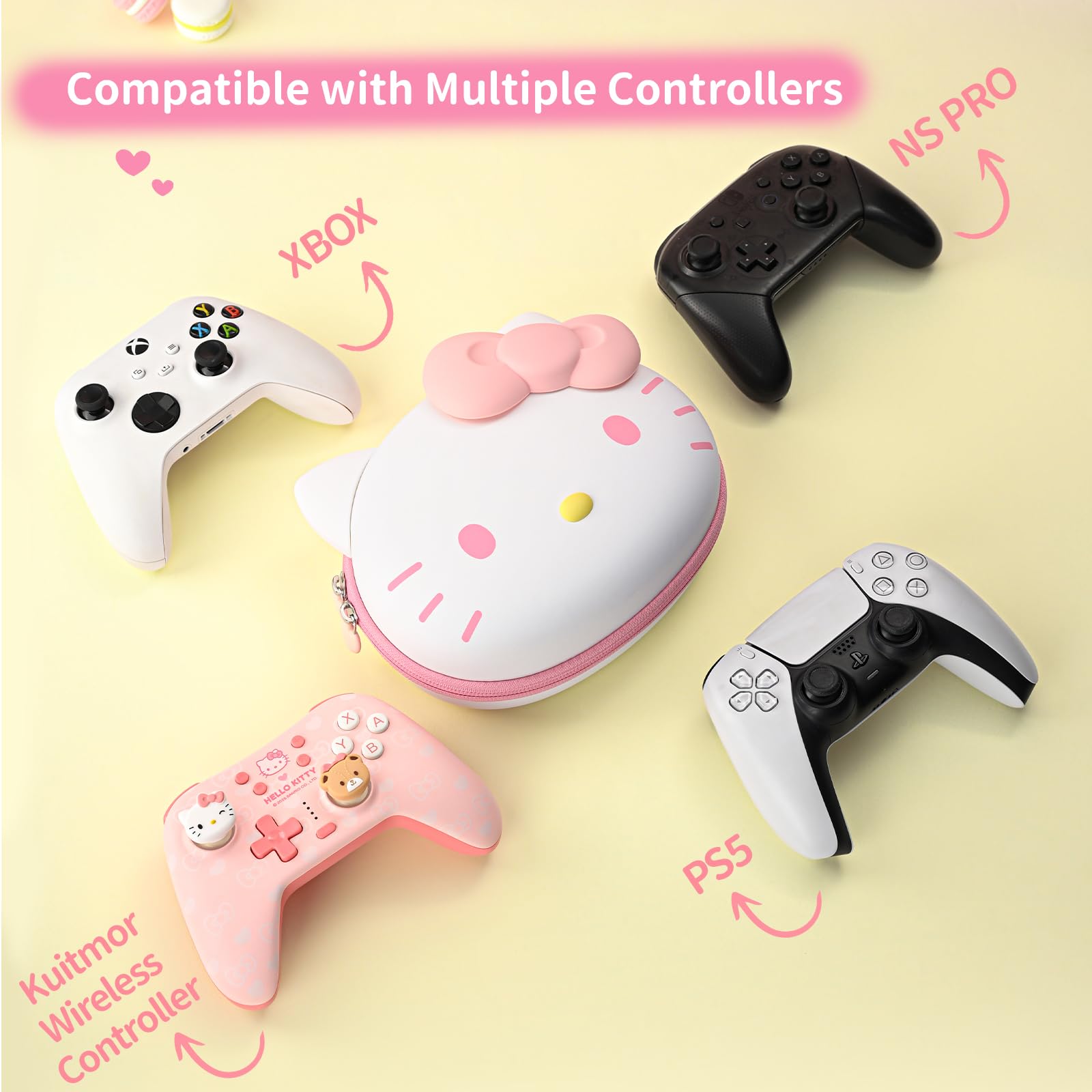 Kuitmor Niedrige Game-Controller-Schutzhülle, Tragbare Reise-Tasche Hartschalen-Aufbewahrungsetui mit Cartoon-Katzen-Form-Design für PS4, PS5, Switch Pro, Xbox mit Innenfach für Zubehör - HLK