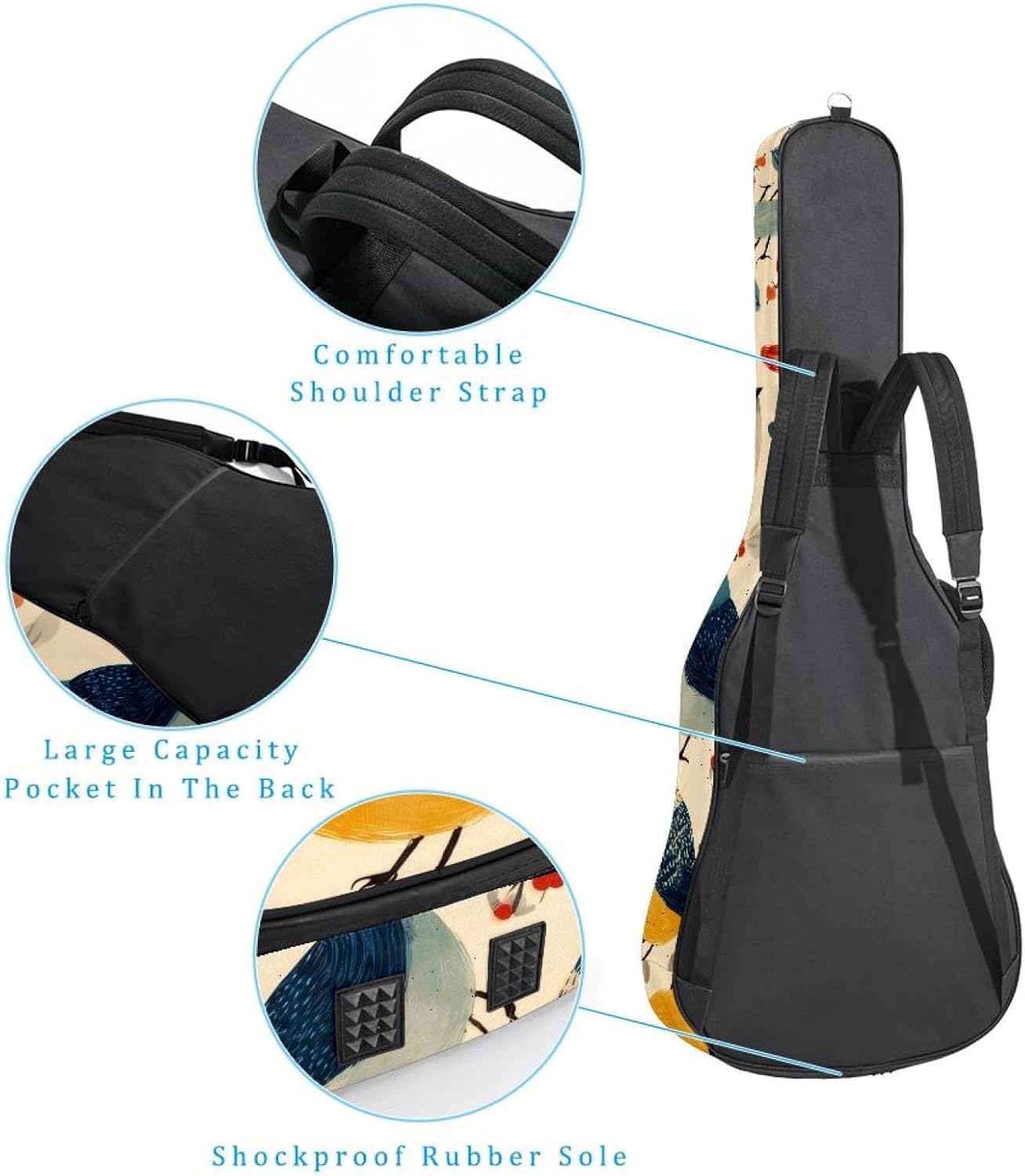 Acoustic Guitar Gig Bag 10mm Thick Padding, Soft Waterproof Guitar Case with Adjustable Backpack Straps for 40-42 Inch Guitar, Cute Bird Seamless Pattern