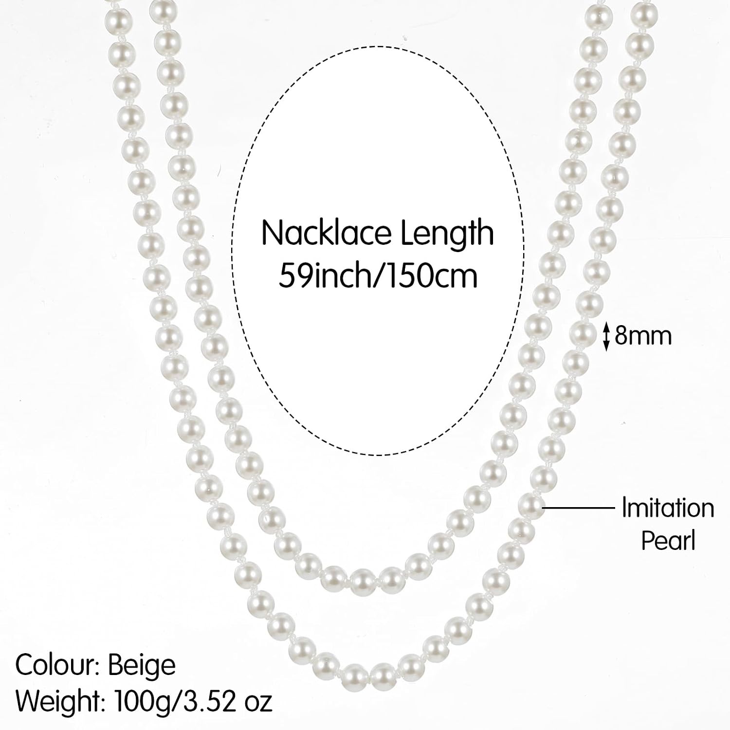 Long Pearl Necklace 150cm Faux Pearl White Necklace for Women Elegant Imitation Pearl Strand for Women Wedding Halloween 1920s Costume Party Jewelry