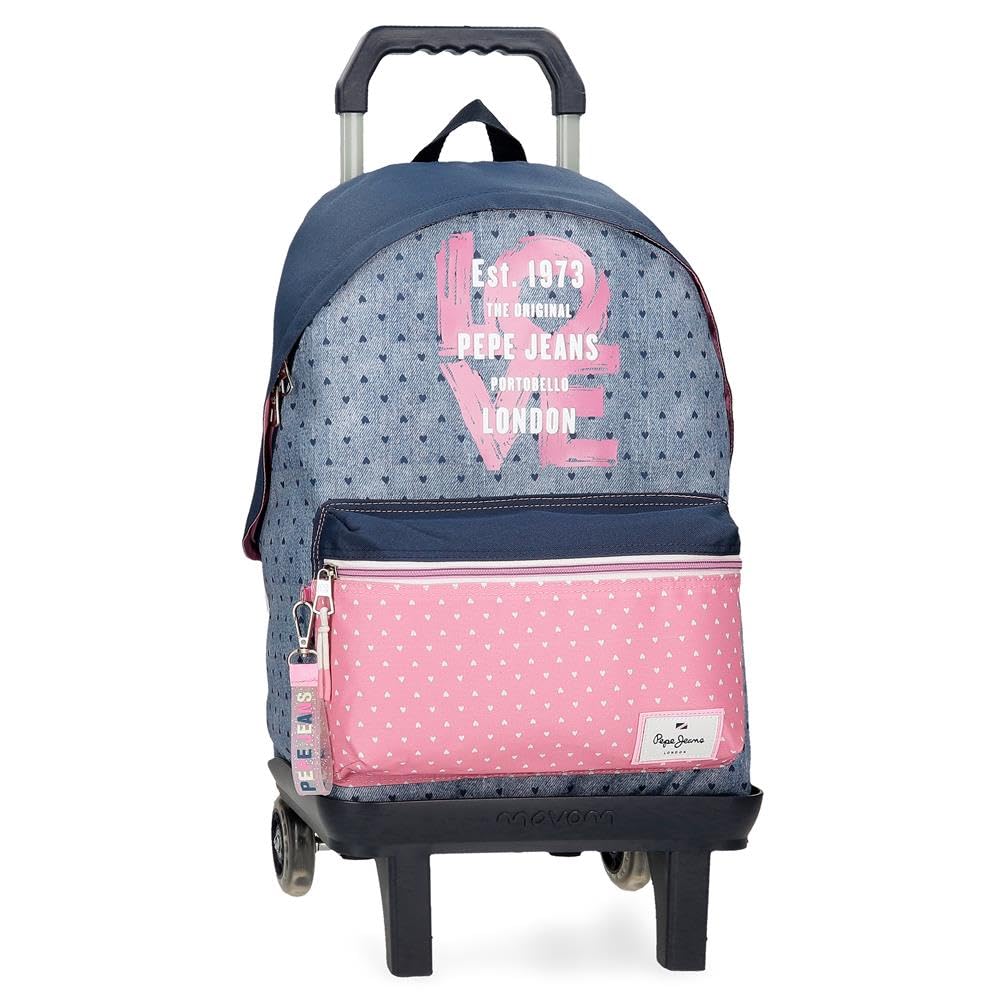 Pepe Jeans Noni denim Mochila escolar, azul y rosa, fabricada en Poliéster, Tirantes ajustables para llevarla cómodamente, varios compartimentos, Con llavero pompón, de Joumma Bags
