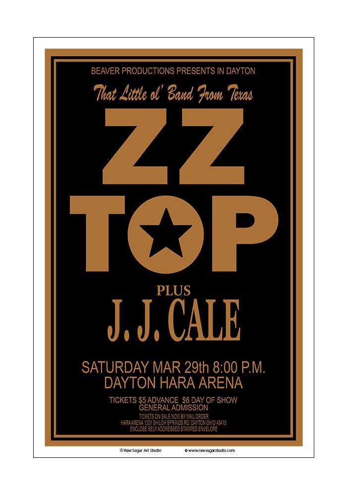 Raw Sugar Art Studio ZZ Top/JJ Cale 1975 Dayton Concert Poster