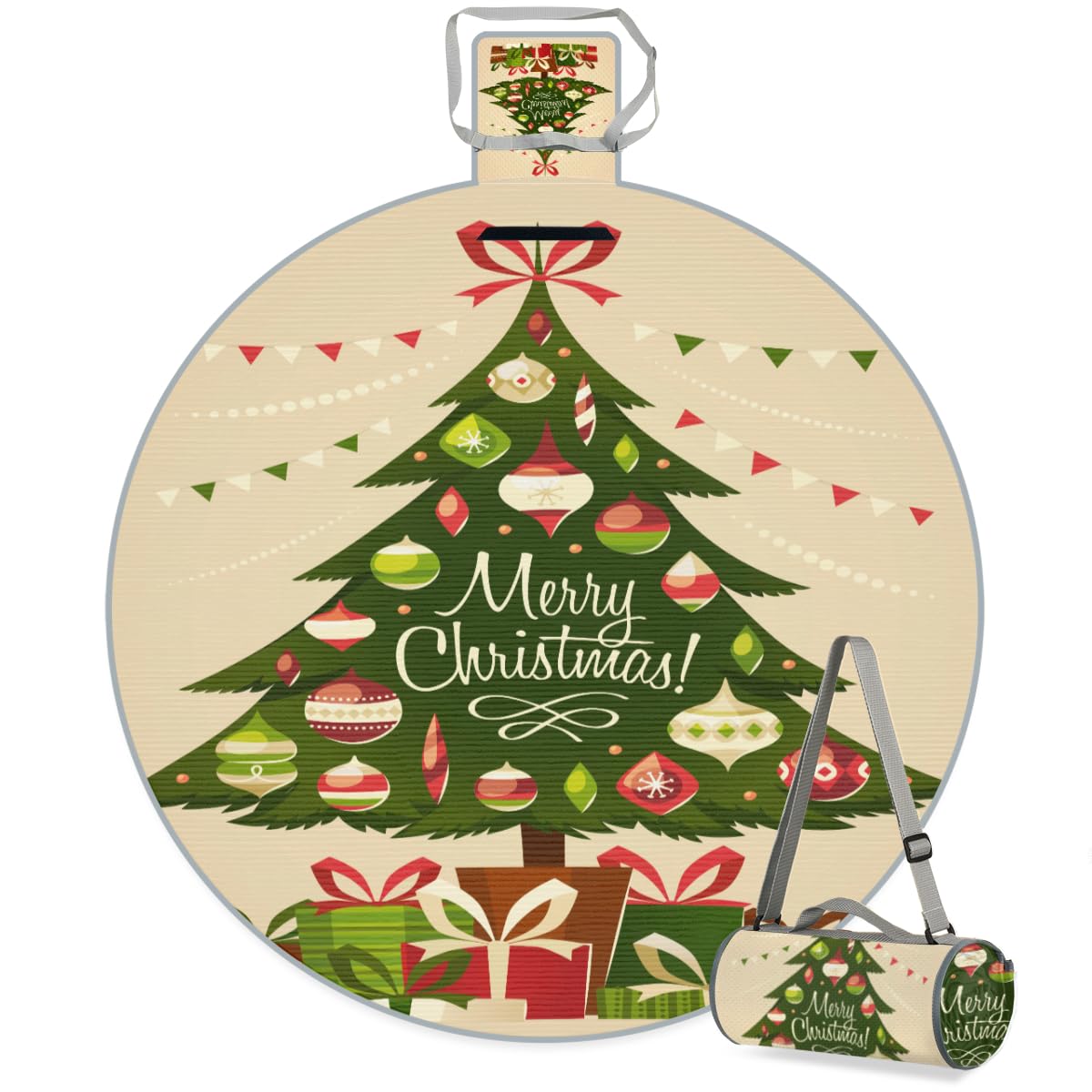 Shimoshe Christmas Tree Picnic Outdoor Blanket Foldable Waterproof Sandproof Beach Blanket Portable Water-Resistant Round Picnic Mat for Travel Camping Park Lawn