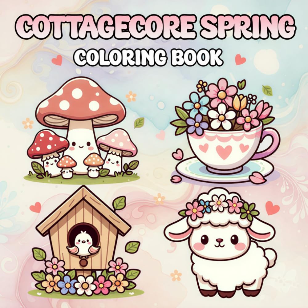 Cottagecore Spring Coloring Book: Cute & Cozy Bold Easy Designs with Mushrooms, Wildflowers, Baby Animals and Whimsical Garden Scenes for Adults, Teens & Seniors